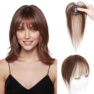 NEW #2 Chocolate Human Hair Topper Wispy Bangs Lace Base Piece Cover Top Scalp